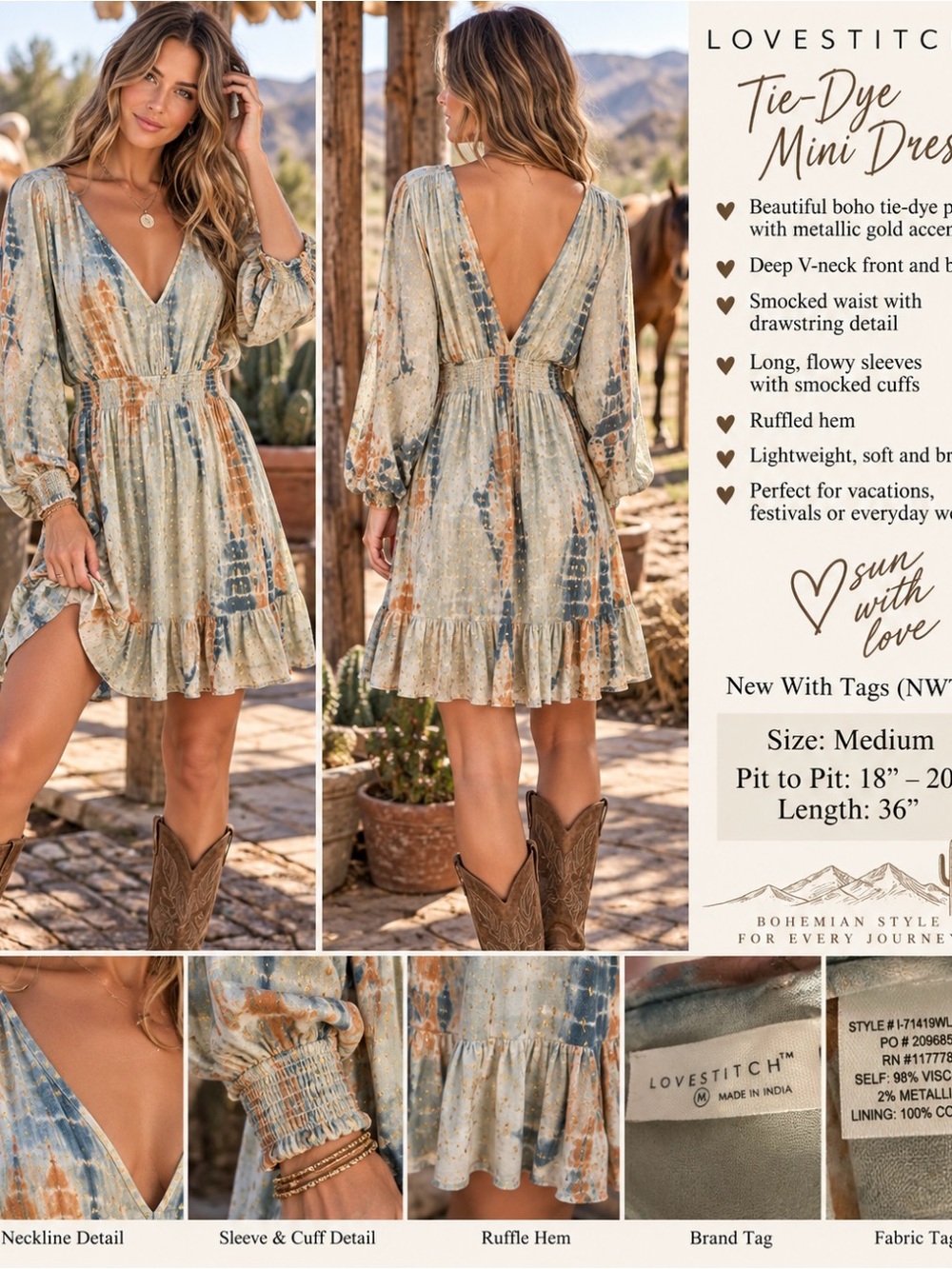 lovestitch Boho Tie-Dye Mini Dress in Blue & Tan